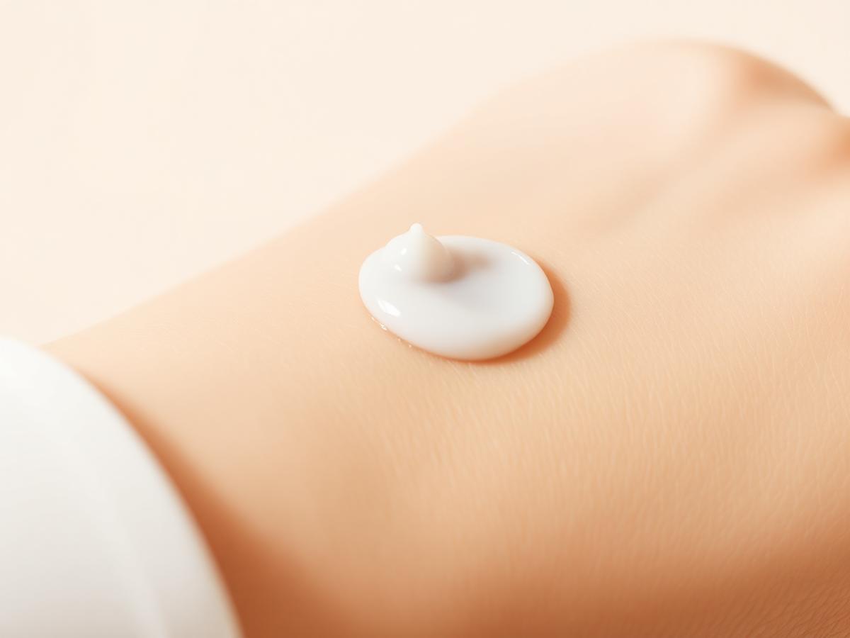 Close-up of pearl-white cream on skin in soft natural light